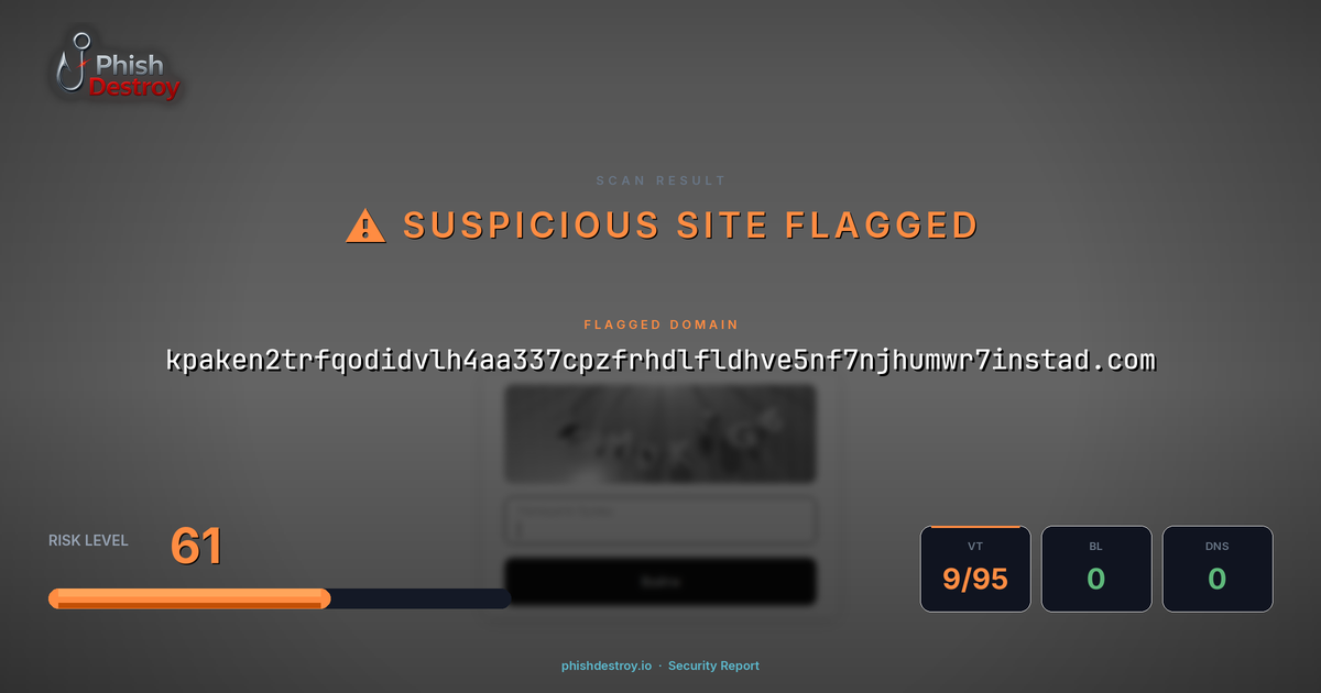 kpaken2trfqodidvlh4aa337cpzfrhdlfldhve5nf7njhumwr7instad.com phishing report — threat analysis by PhishDestroy
