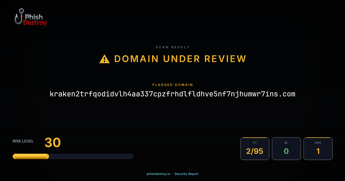 kraken2trfqodidvlh4aa337cpzfrhdlfldhve5nf7njhumwr7ins.com phishing report — threat analysis by PhishDestroy