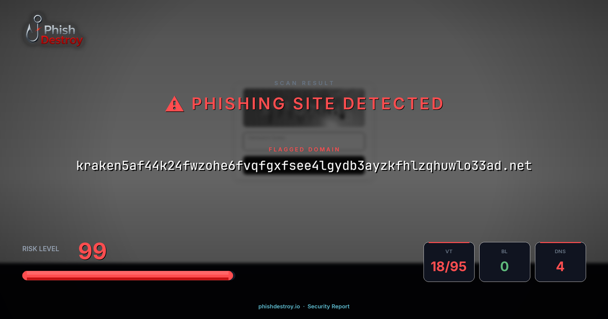 kraken5af44k24fwzohe6fvqfgxfsee4lgydb3ayzkfhlzqhuwlo33ad.net phishing report — threat analysis by PhishDestroy