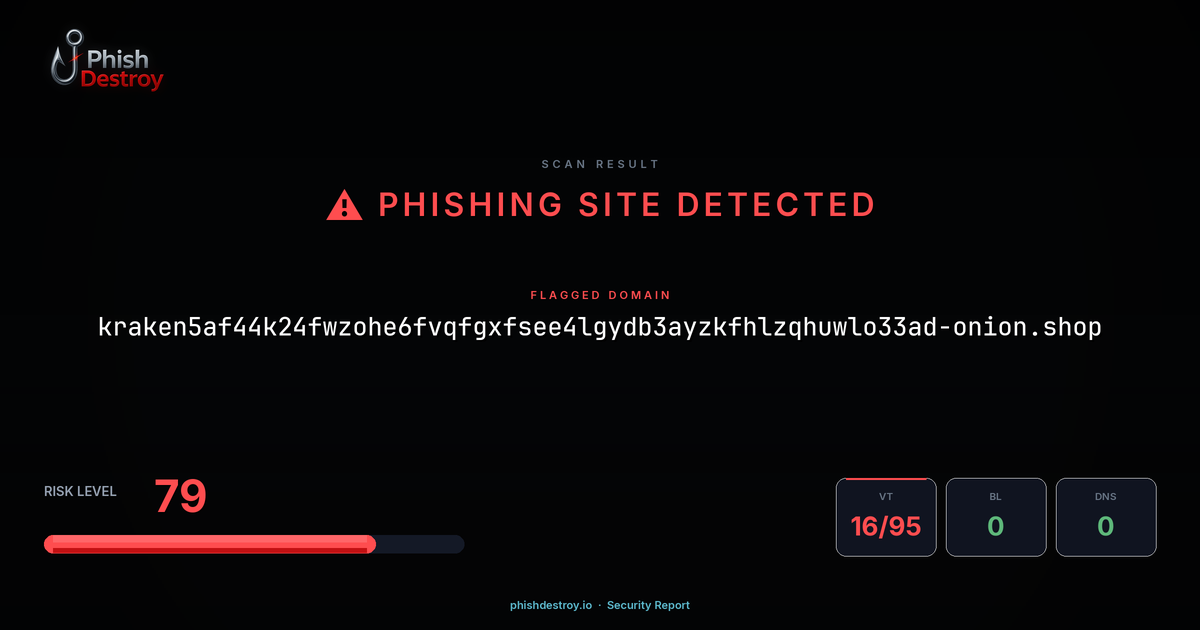 kraken5af44k24fwzohe6fvqfgxfsee4lgydb3ayzkfhlzqhuwlo33ad-onion.shop phishing report — threat analysis by PhishDestroy