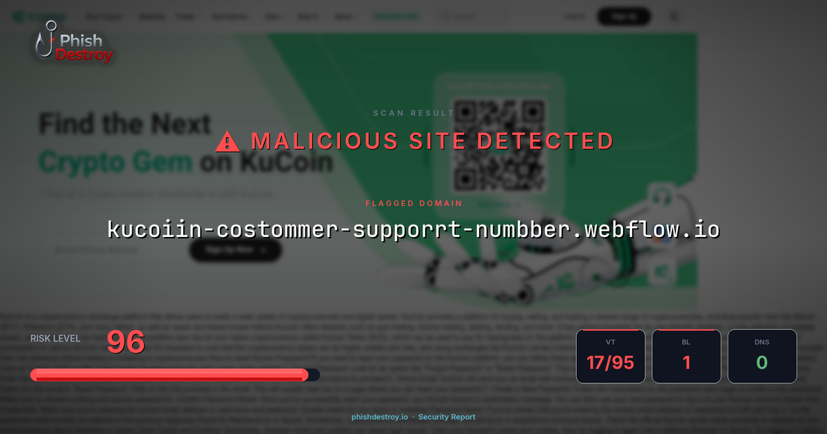 kucoiin-costommer-supporrt-numbber.webflow.io phishing report — threat analysis by PhishDestroy