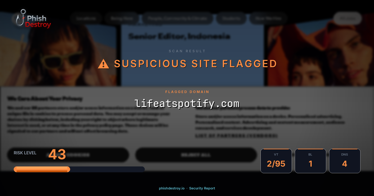lifeatspotify.com phishing report — threat analysis by PhishDestroy
