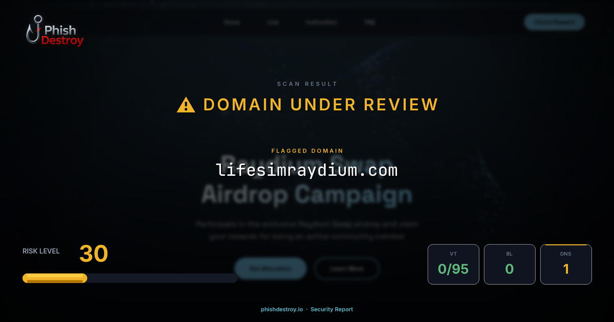 lifesimraydium.com phishing report — threat analysis by PhishDestroy