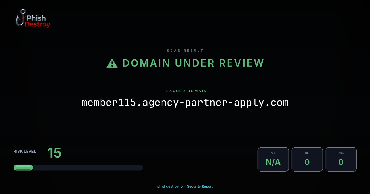 member115.agency-partner-apply.com phishing report — threat analysis by PhishDestroy