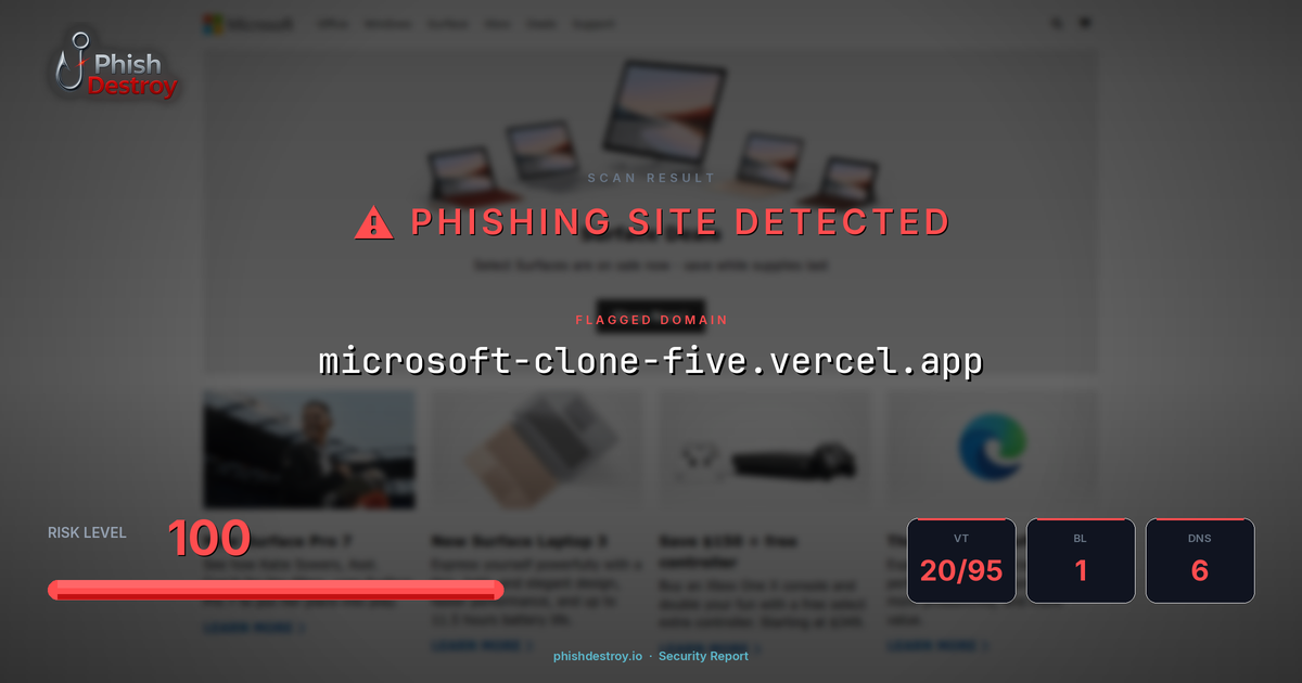 microsoft-clone-five.vercel.app phishing report — threat analysis by PhishDestroy