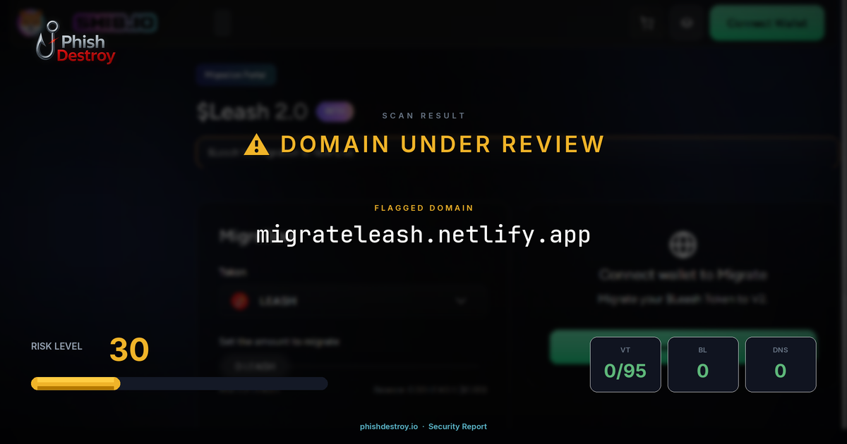 migrateleash.netlify.app phishing report — threat analysis by PhishDestroy