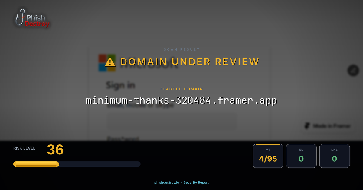 minimum-thanks-320484.framer.app phishing report — threat analysis by PhishDestroy