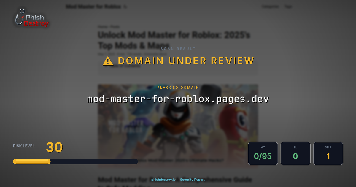 mod-master-for-roblox.pages.dev phishing report — threat analysis by PhishDestroy