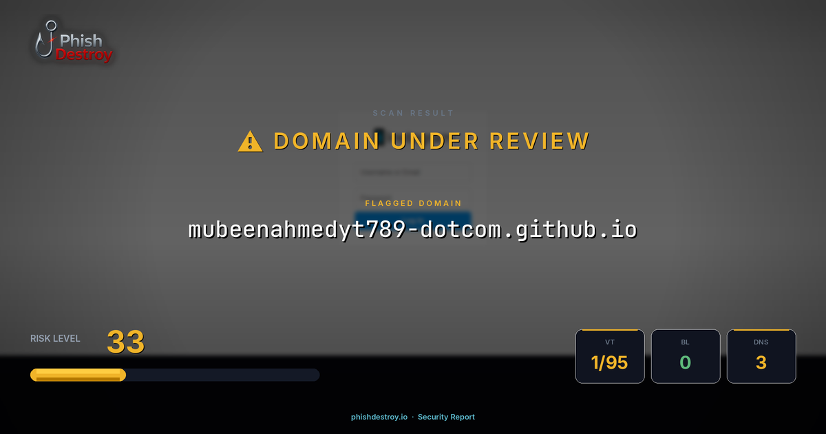 mubeenahmedyt789-dotcom.github.io phishing report — threat analysis by PhishDestroy