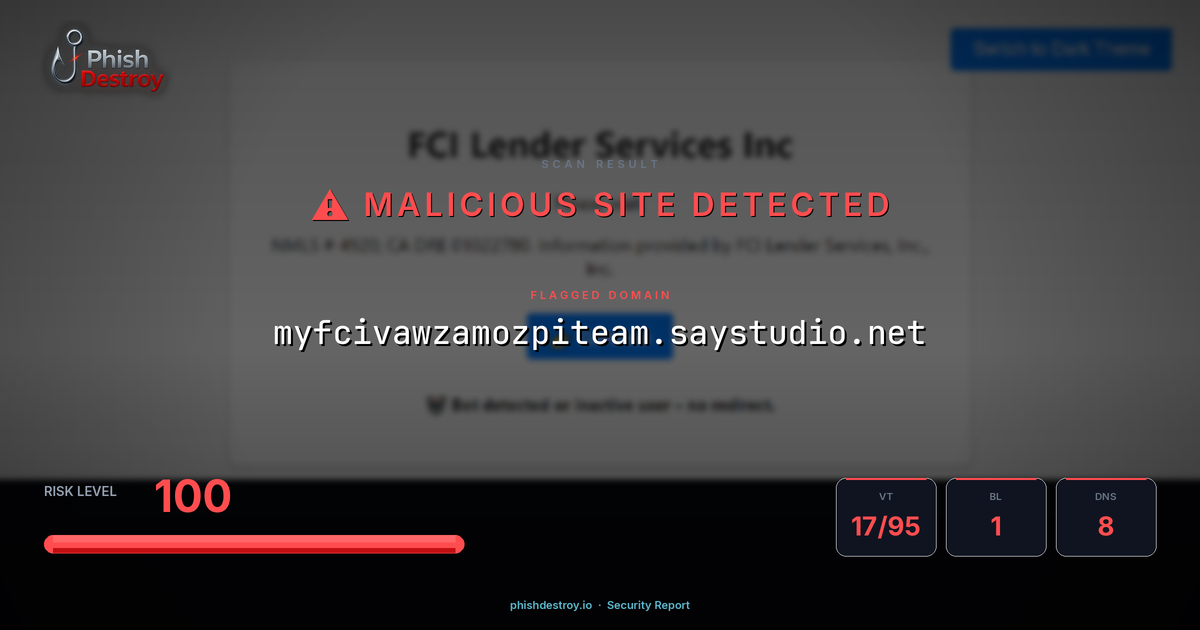 myfcivawzamozpiteam.saystudio.net phishing report — threat analysis by PhishDestroy
