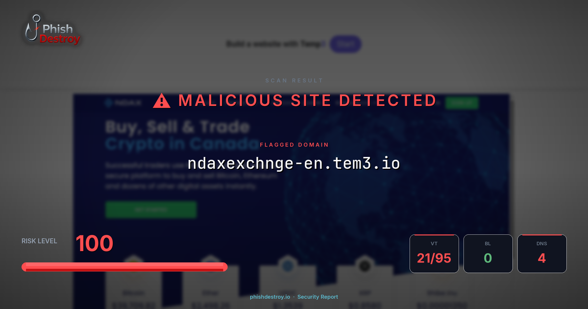 ndaxexchnge-en.tem3.io phishing report — threat analysis by PhishDestroy