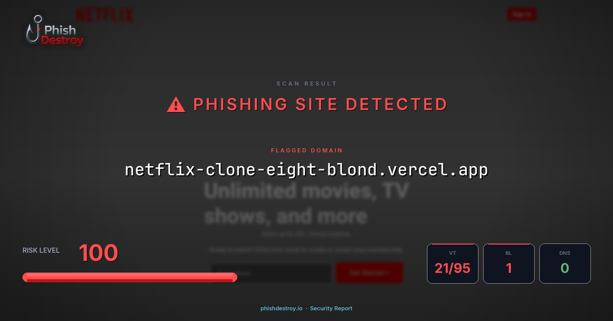netflix-clone-eight-blond.vercel.app phishing report — threat analysis by PhishDestroy