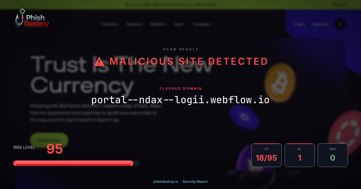 portal--ndax--logii.webflow.io phishing report — threat analysis by PhishDestroy