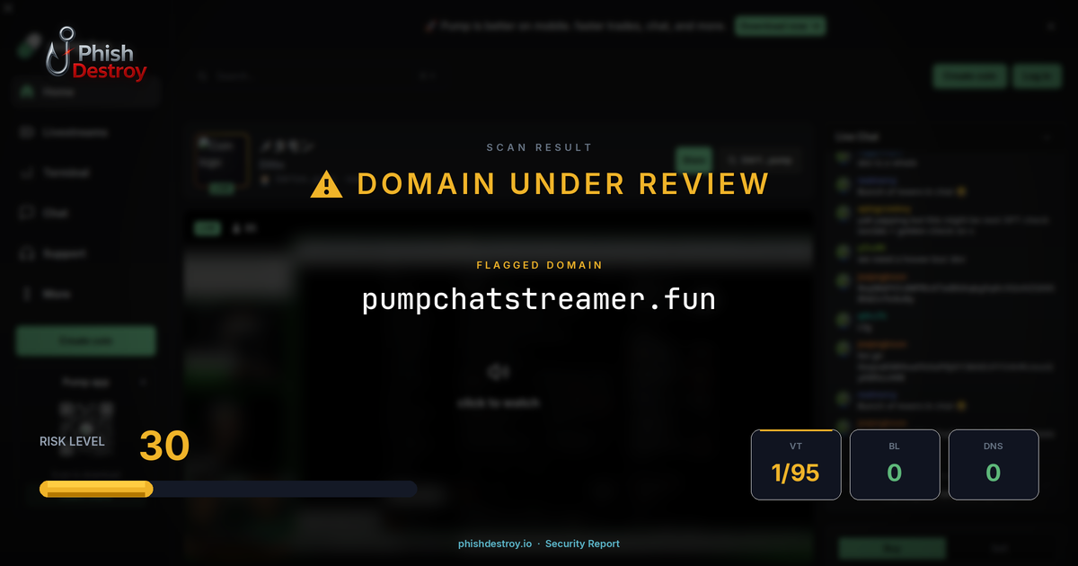 pumpchatstreamer.fun phishing report — threat analysis by PhishDestroy