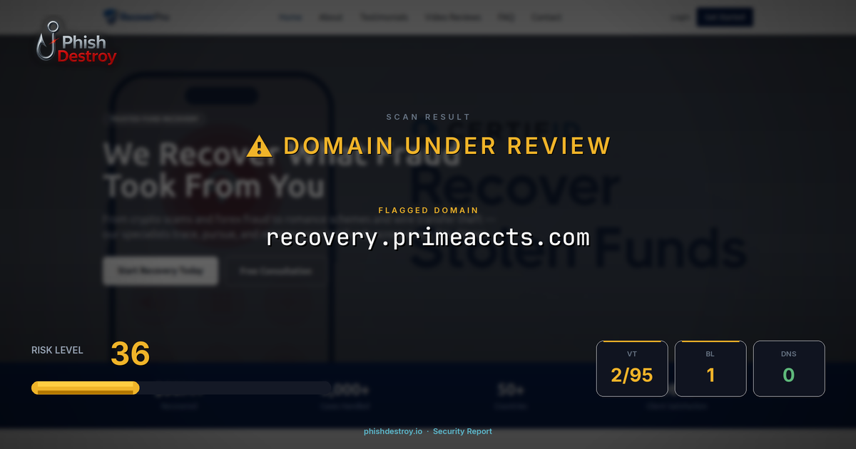 recovery.primeaccts.com phishing report — threat analysis by PhishDestroy