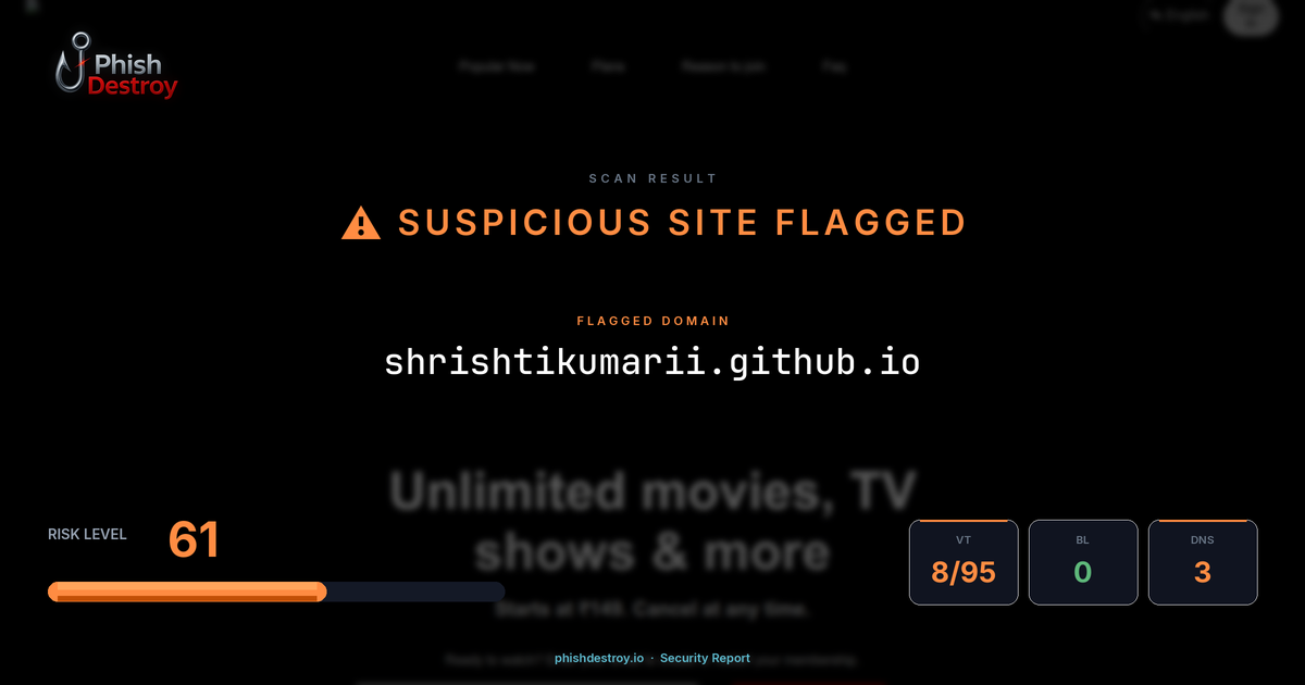 shrishtikumarii.github.io phishing report — threat analysis by PhishDestroy