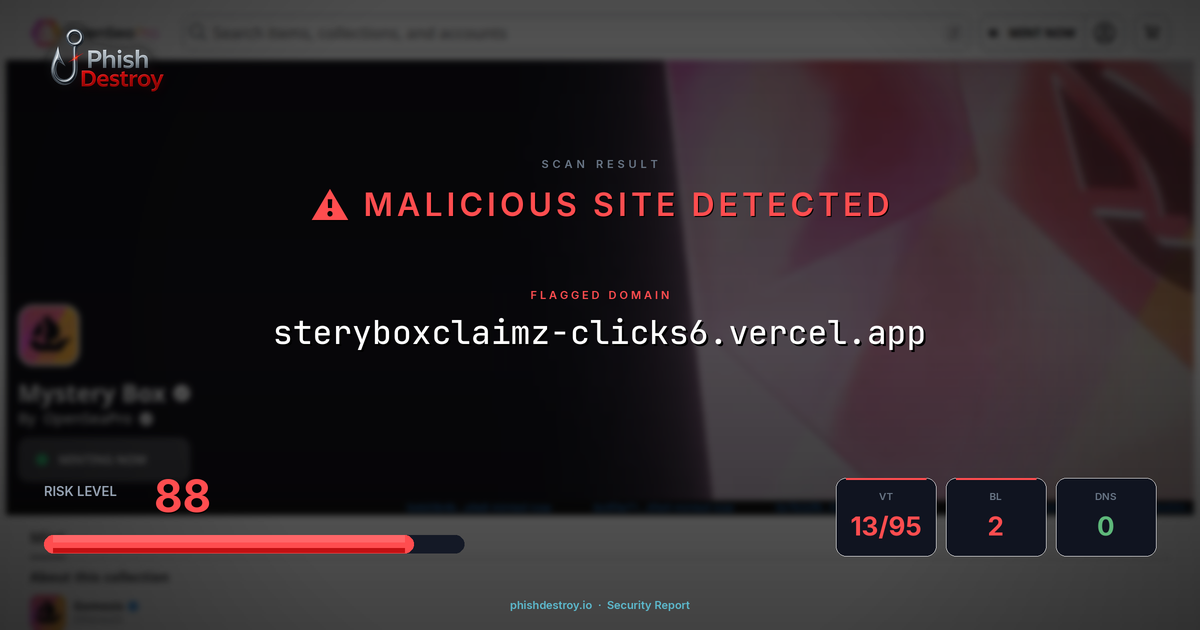 steryboxclaimz-clicks6.vercel.app phishing report — threat analysis by PhishDestroy