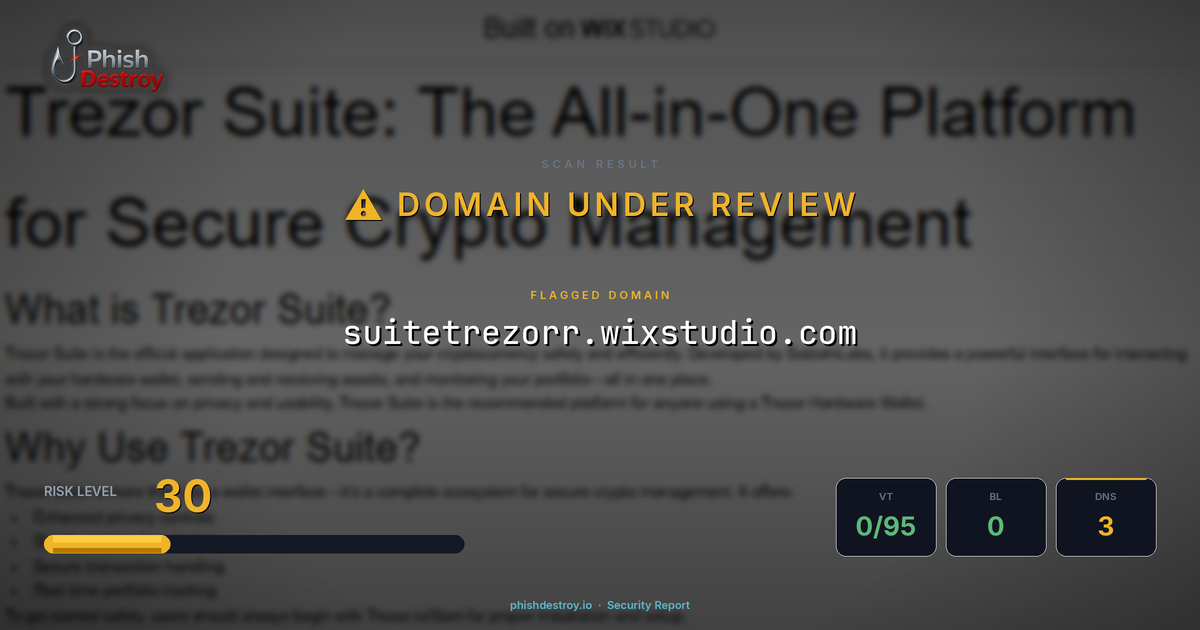 suitetrezorr.wixstudio.com phishing report — threat analysis by PhishDestroy