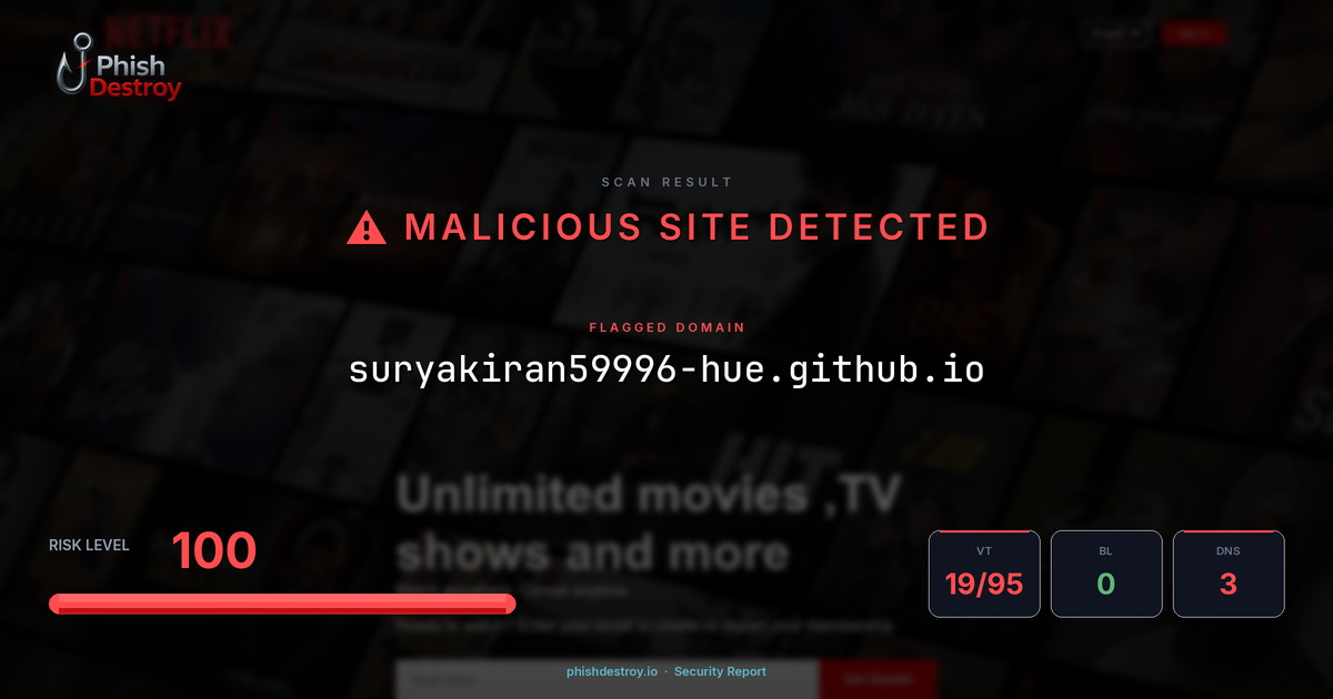 suryakiran59996-hue.github.io phishing report — threat analysis by PhishDestroy