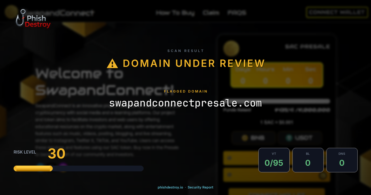 swapandconnectpresale.com phishing report — threat analysis by PhishDestroy
