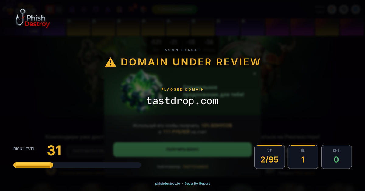 tastdrop.com phishing report — threat analysis by PhishDestroy