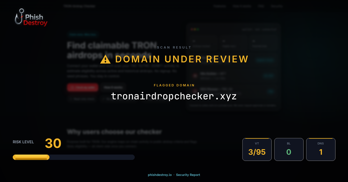 tronairdropchecker.xyz phishing report — threat analysis by PhishDestroy
