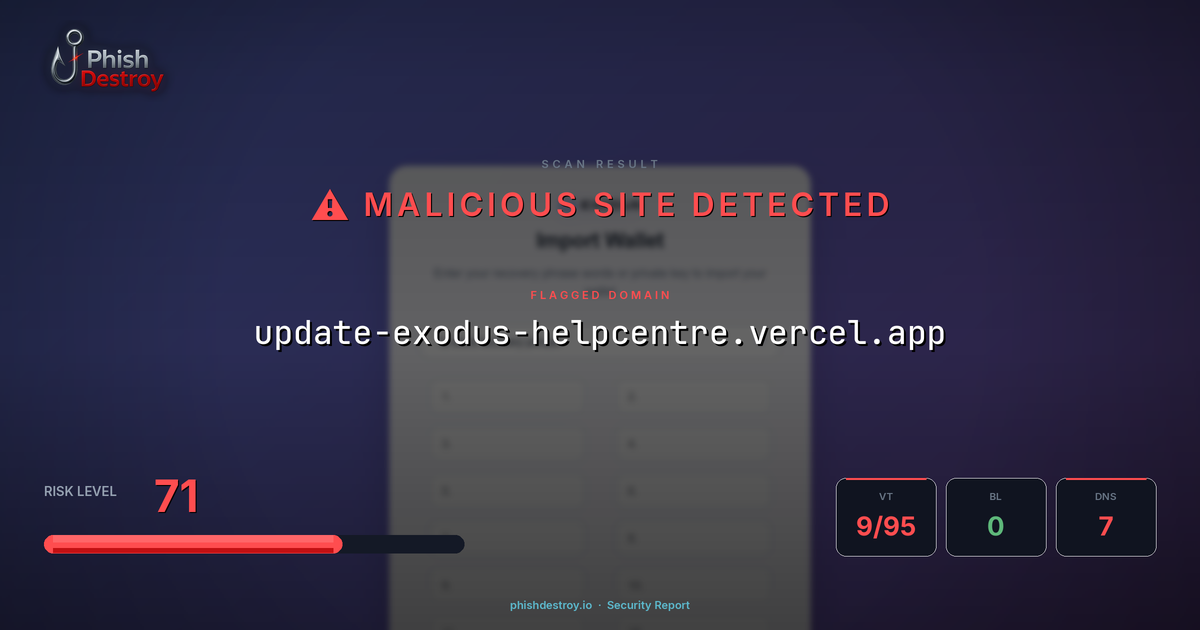 update-exodus-helpcentre.vercel.app phishing report — threat analysis by PhishDestroy