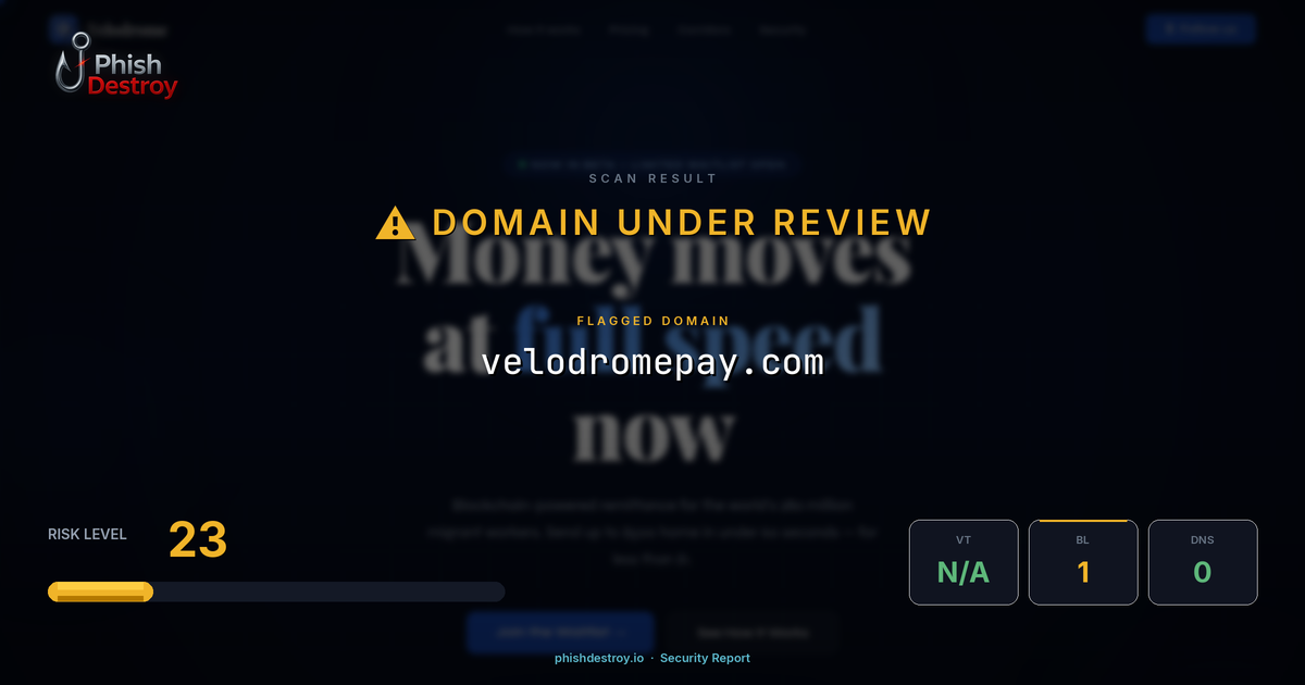 velodromepay.com phishing report — threat analysis by PhishDestroy