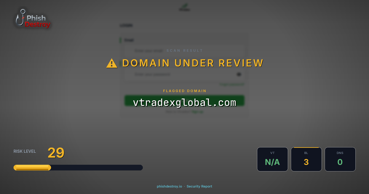 vtradexglobal.com phishing report — threat analysis by PhishDestroy