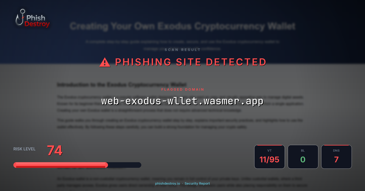 web-exodus-wllet.wasmer.app phishing report — threat analysis by PhishDestroy