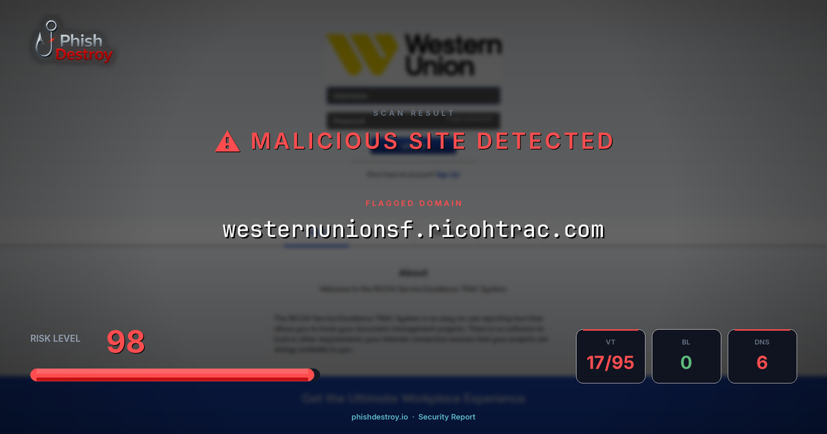 westernunionsf.ricohtrac.com phishing report — threat analysis by PhishDestroy