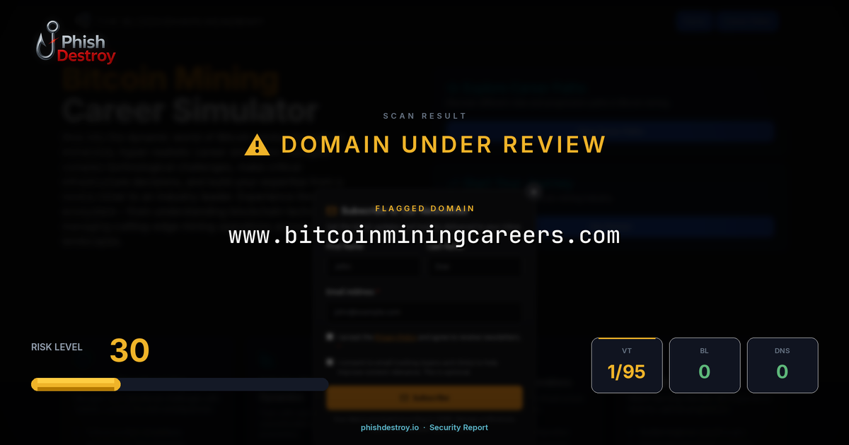 www.bitcoinminingcareers.com phishing report — threat analysis by PhishDestroy