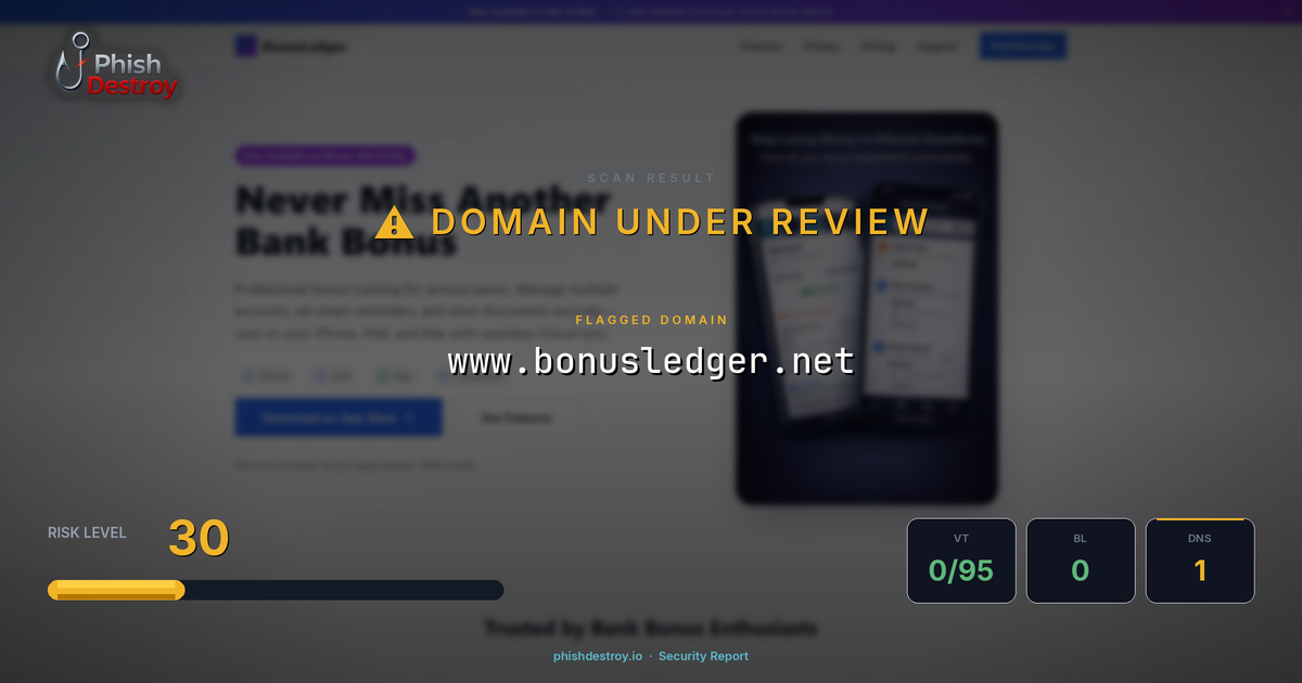 www.bonusledger.net phishing report — threat analysis by PhishDestroy