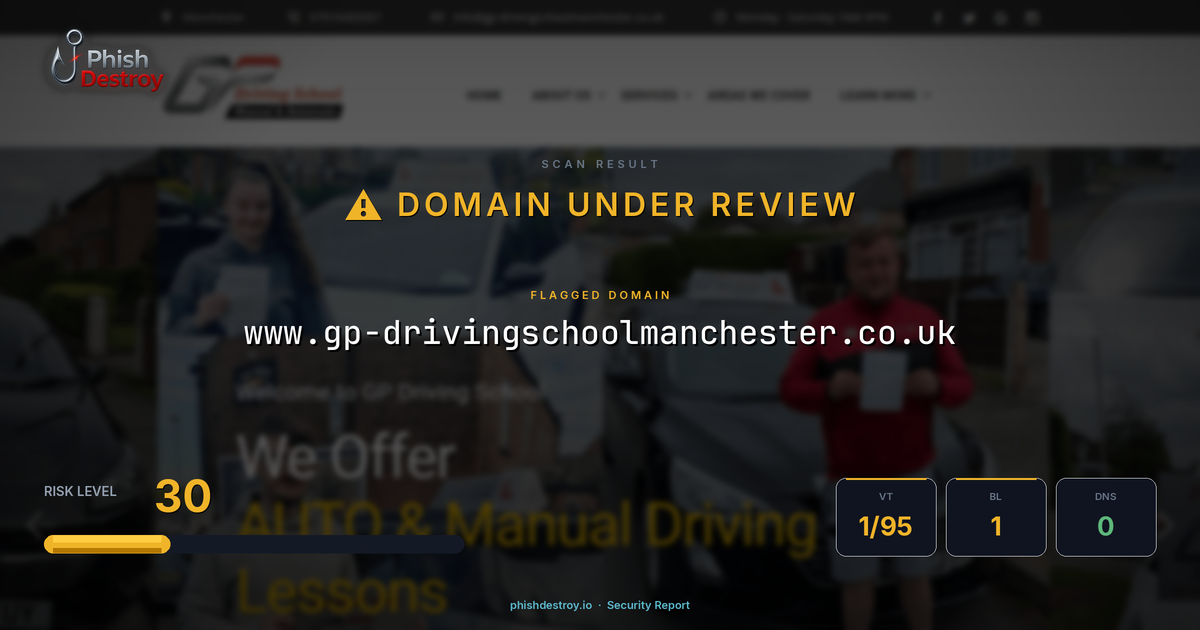 www.gp-drivingschoolmanchester.co.uk phishing report — threat analysis by PhishDestroy