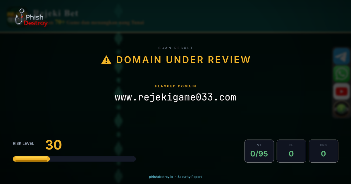 www.rejekigame033.com phishing report — threat analysis by PhishDestroy