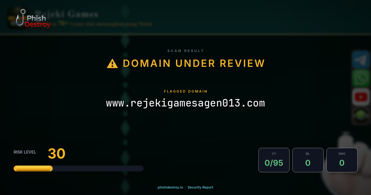 www.rejekigamesagen013.com phishing report — threat analysis by PhishDestroy