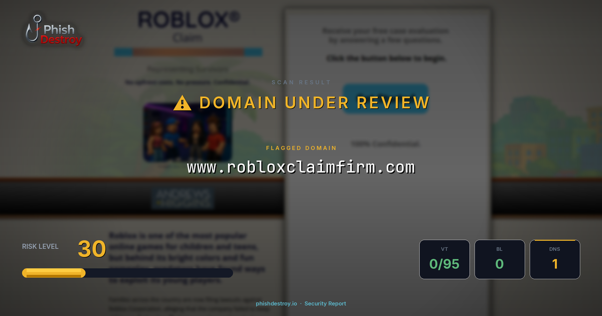 www.robloxclaimfirm.com phishing report — threat analysis by PhishDestroy