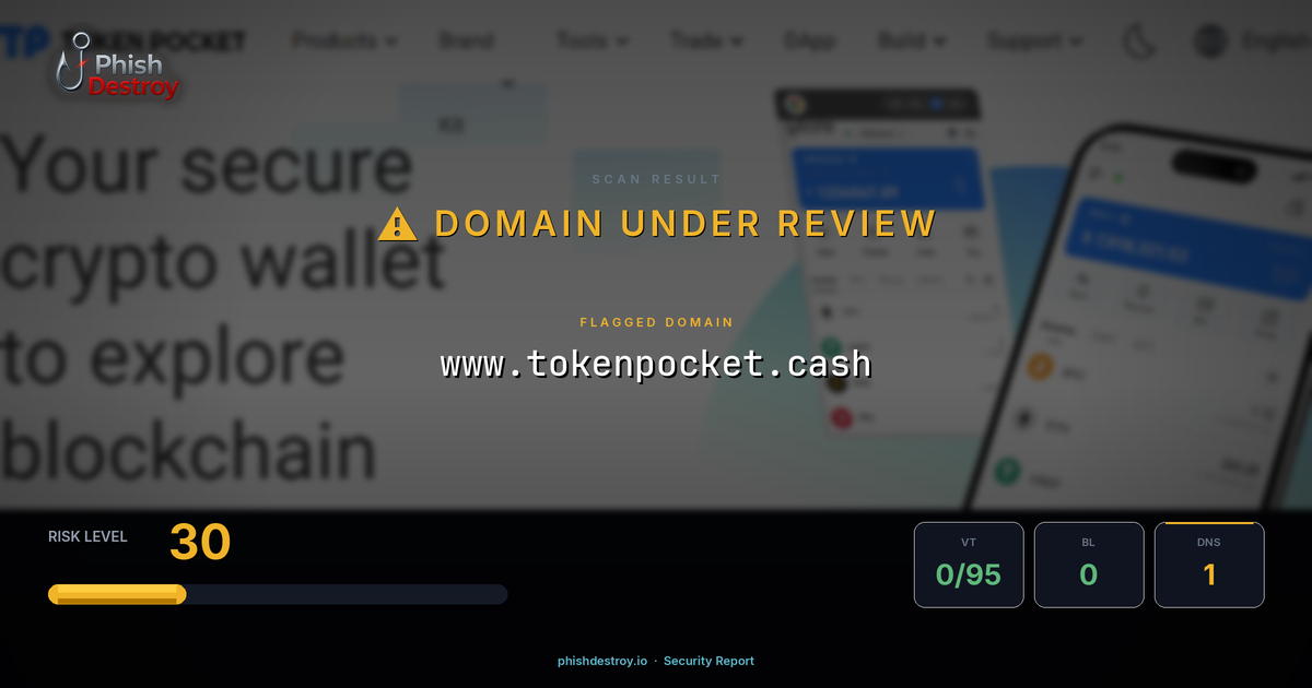 www.tokenpocket.cash phishing report — threat analysis by PhishDestroy