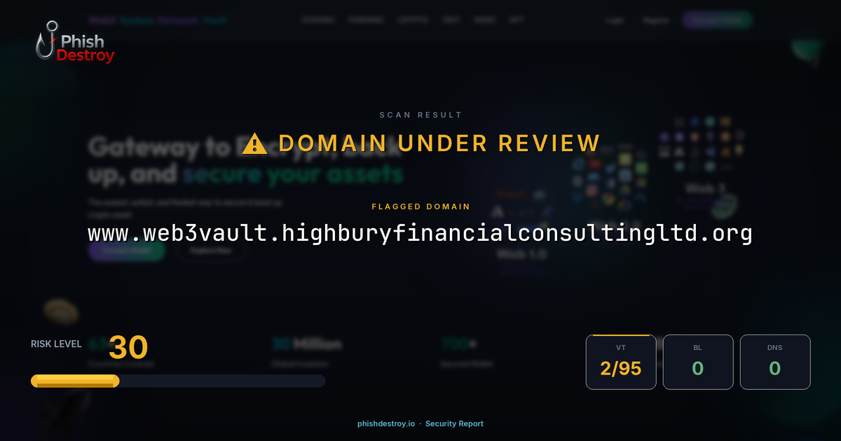 www.web3vault.highburyfinancialconsultingltd.org phishing report — threat analysis by PhishDestroy