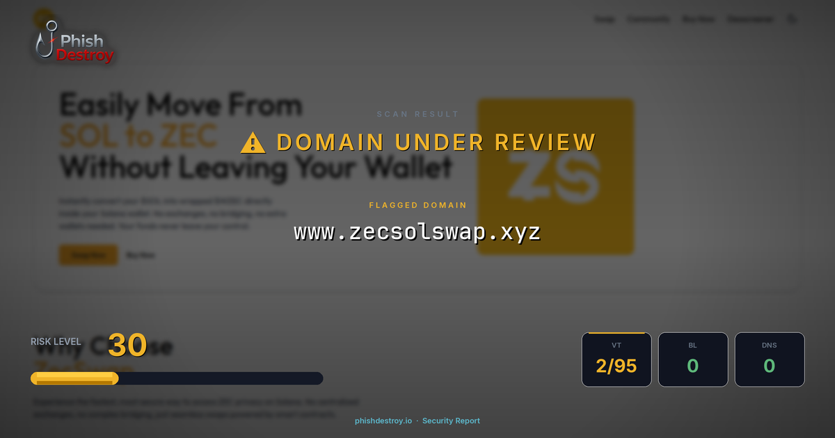 www.zecsolswap.xyz phishing report — threat analysis by PhishDestroy