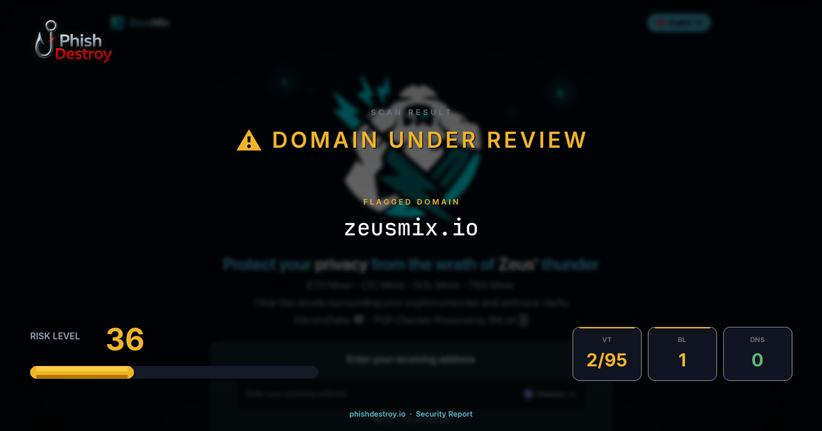 zeusmix.io phishing report — threat analysis by PhishDestroy