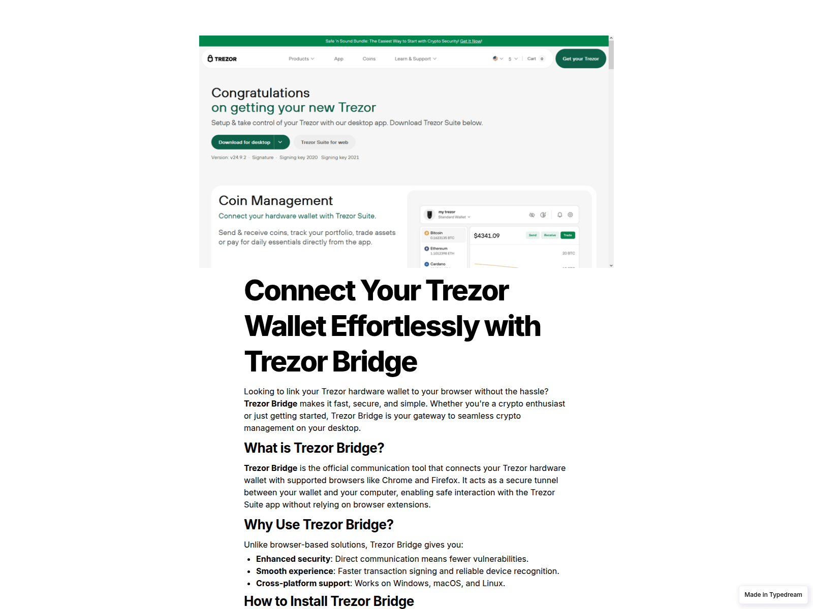 Screenshot of learn-bridge-trezr.typedream.app