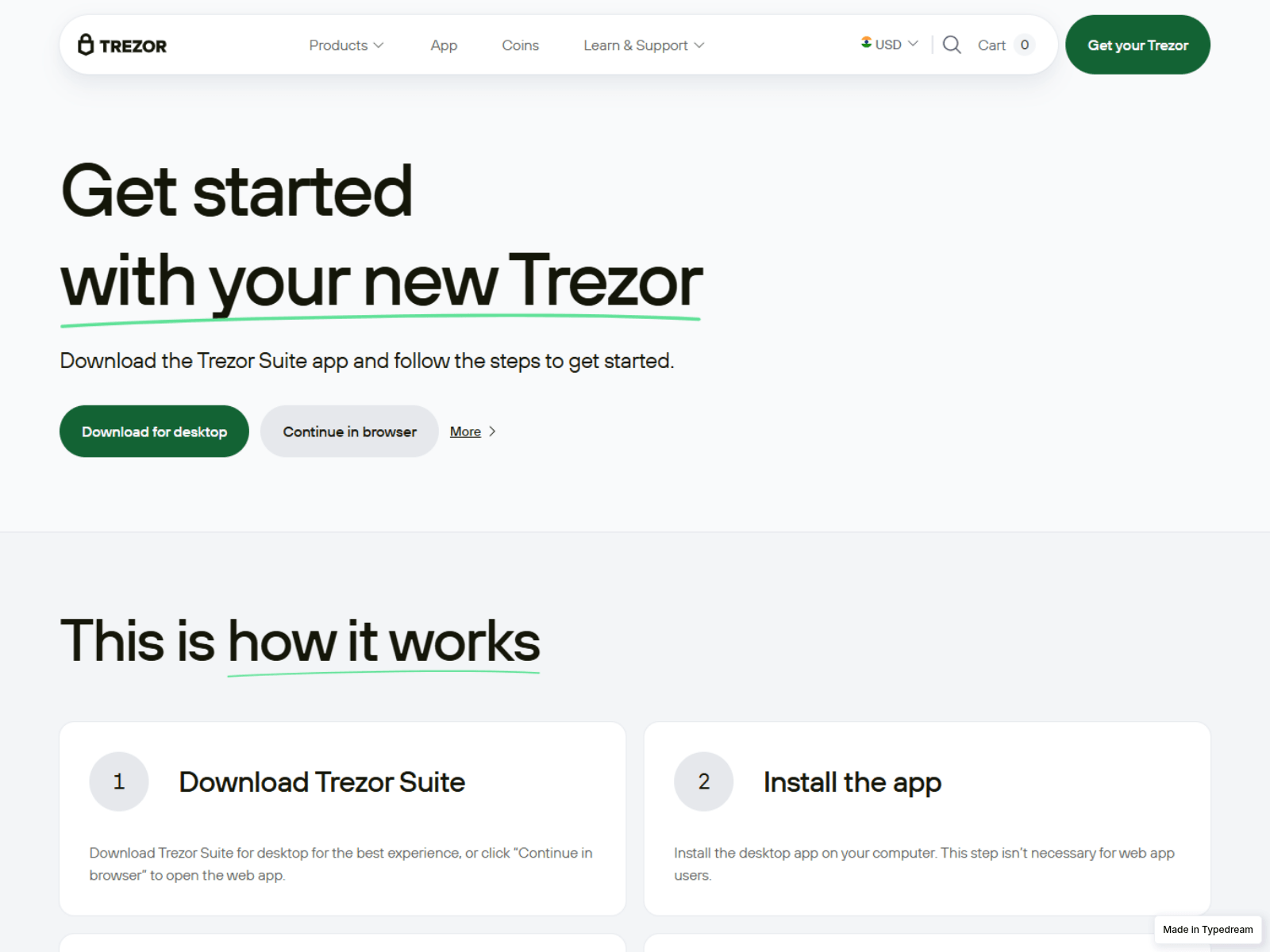 Screenshot of public-trezor-suite.typedream.app
