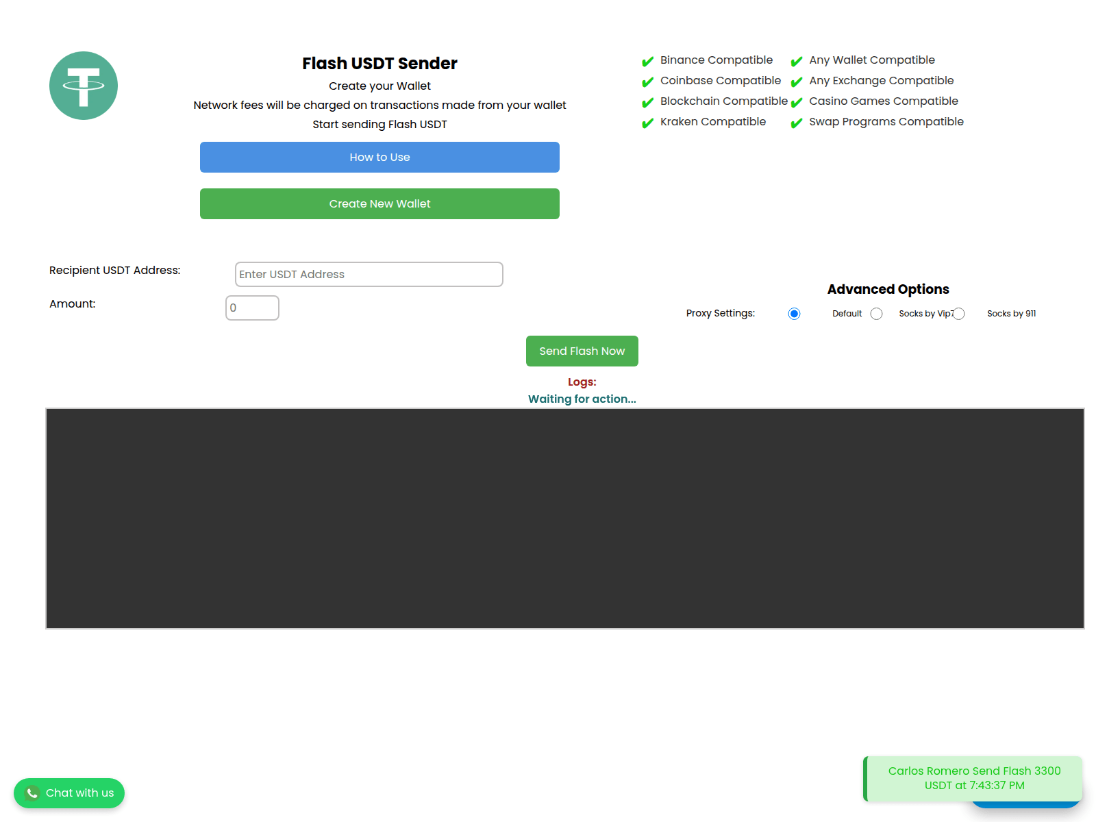 Screenshot of sendusdtflash.com