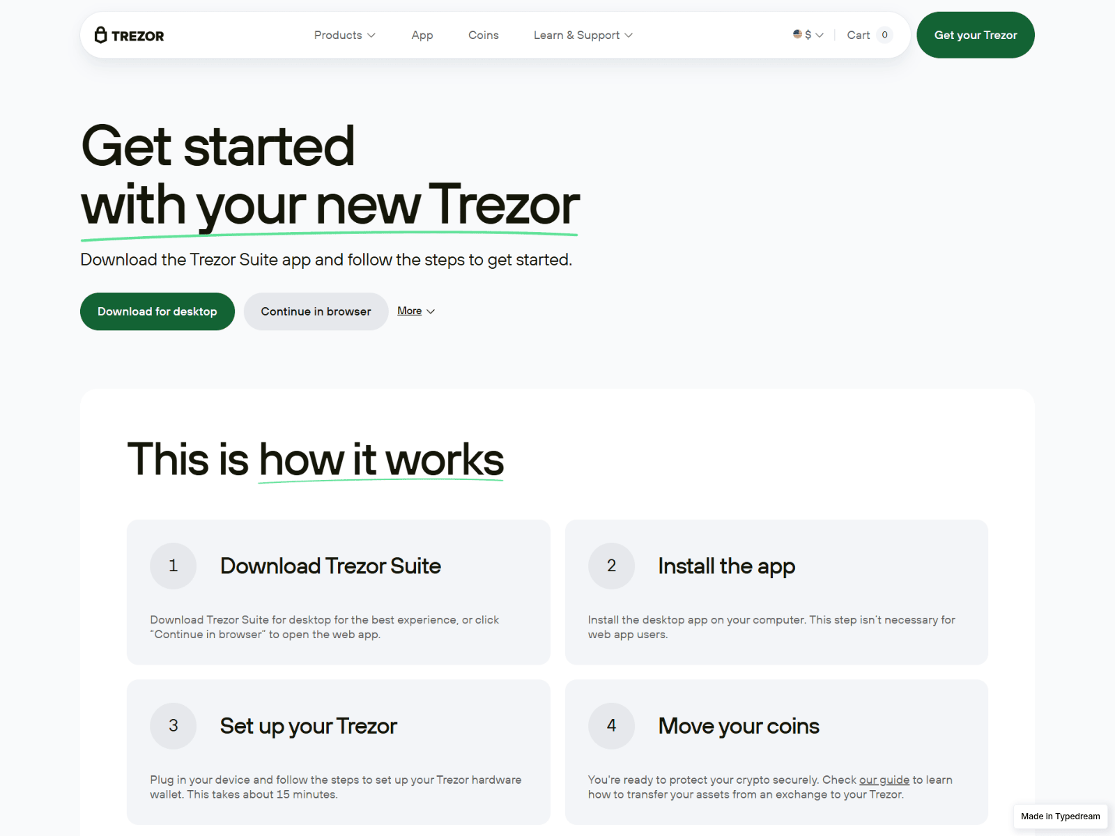 Screenshot of faqs-io-trezor.typedream.app