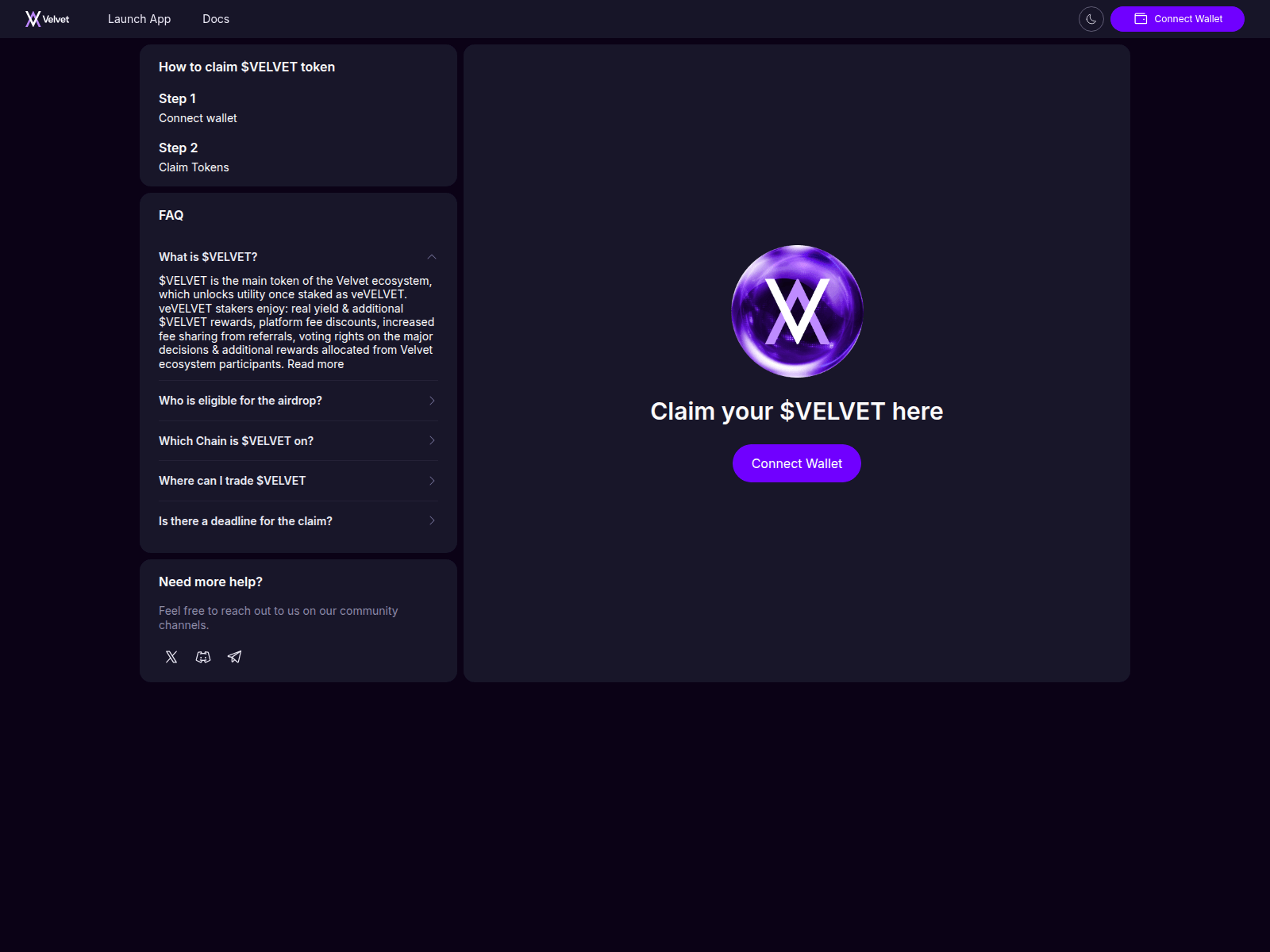 Screenshot of claim.velwet.capital
