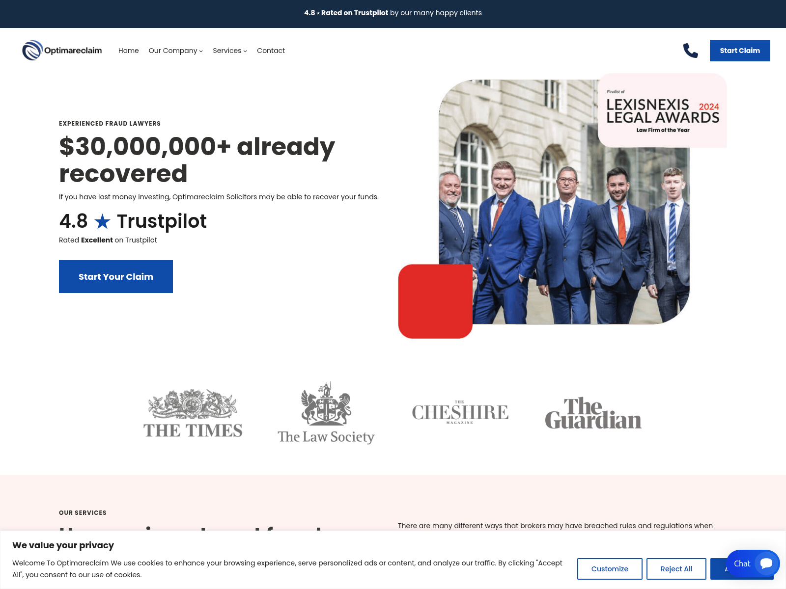 Screenshot of optimareclaim.com