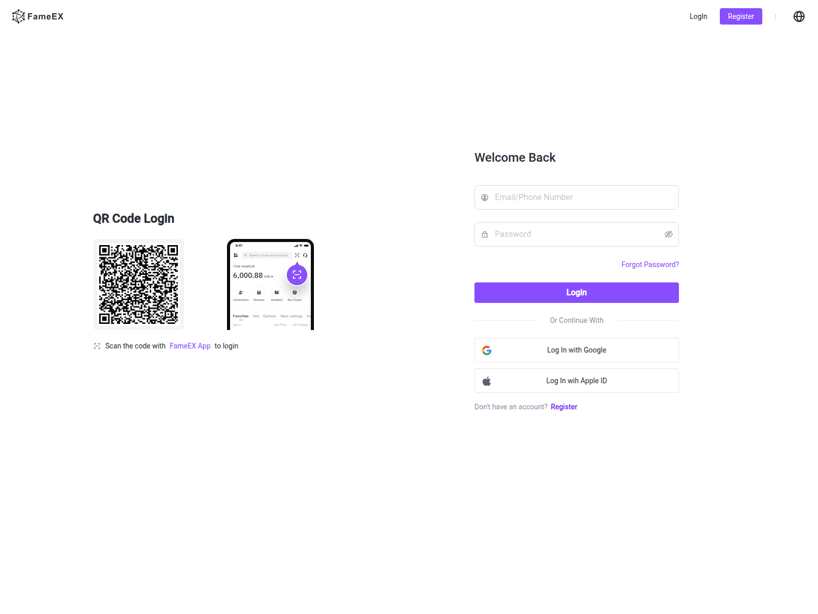 Screenshot of fameex-login.com