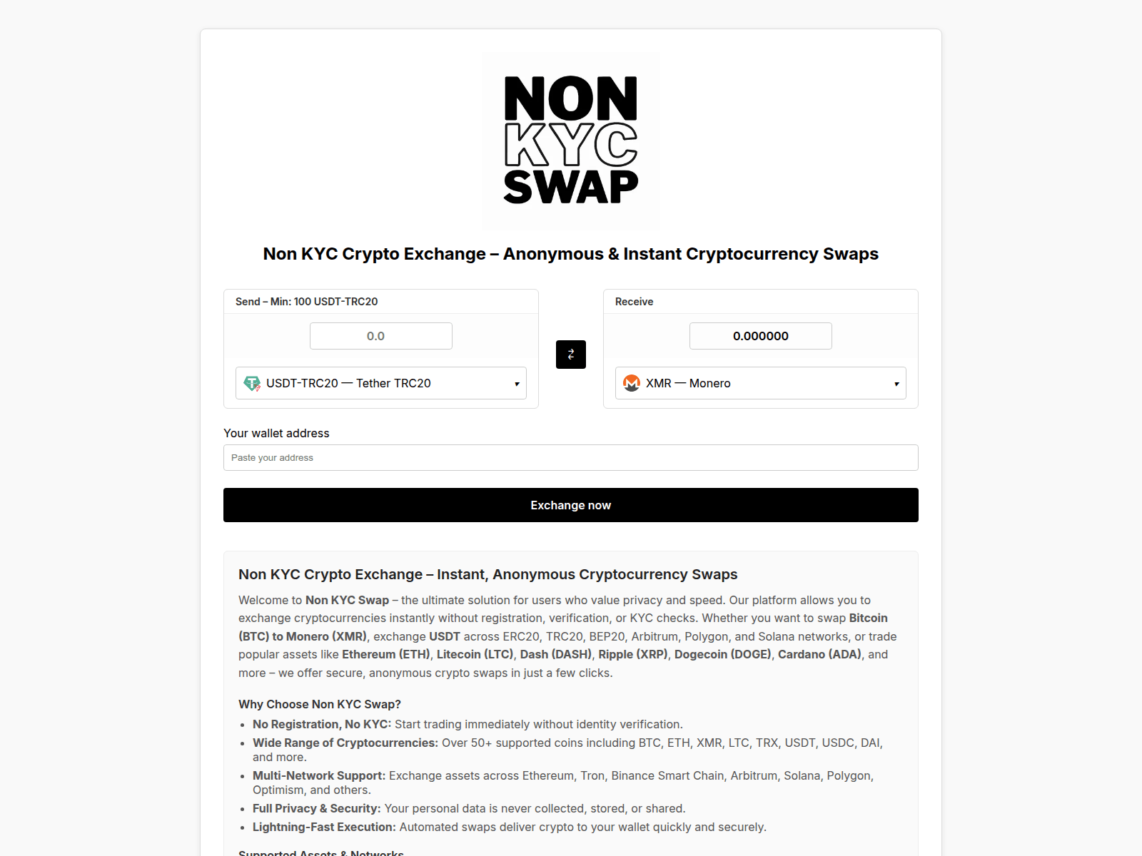Screenshot of nonkycswap.com