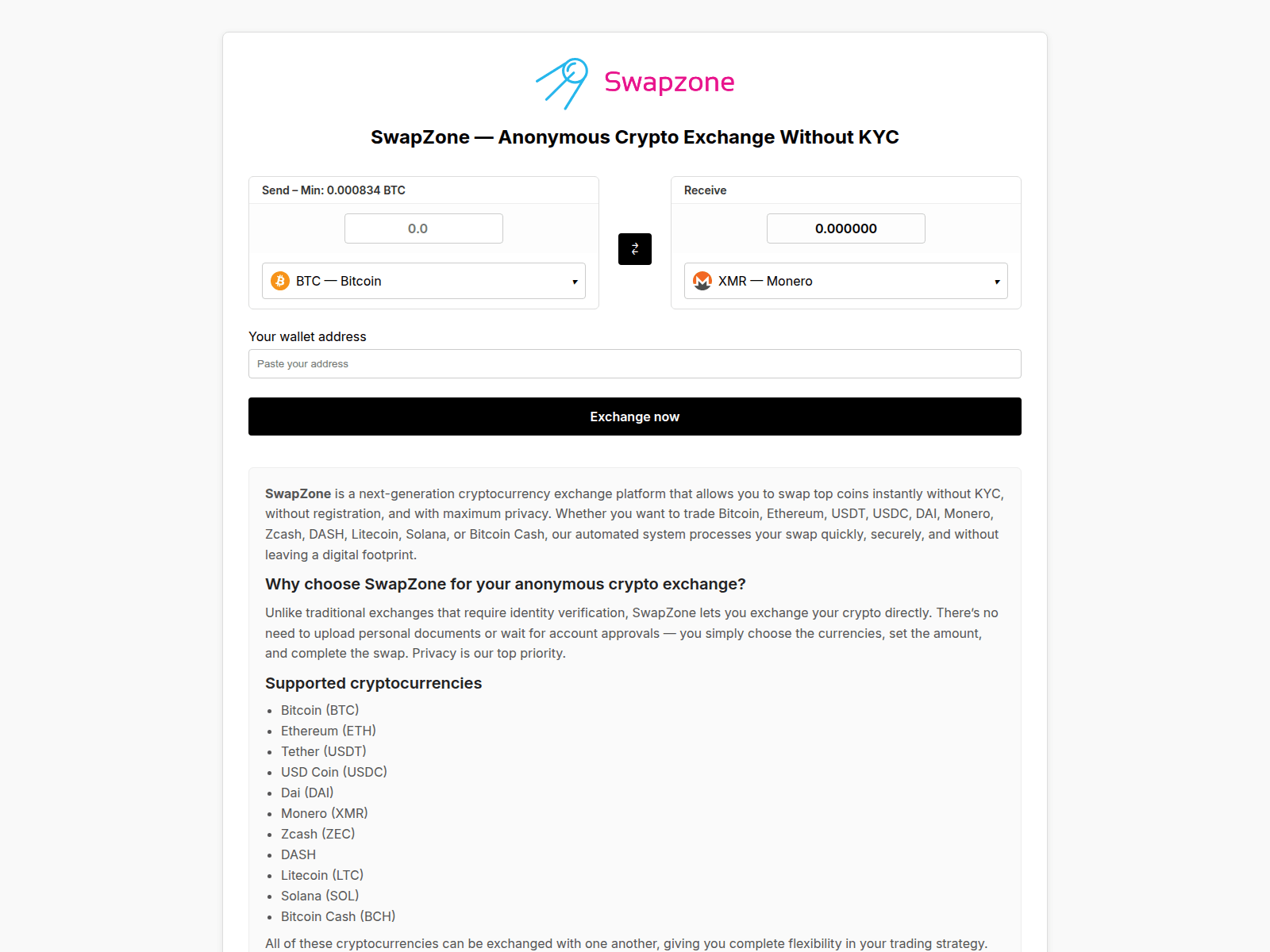 Screenshot of swapzone.exchange